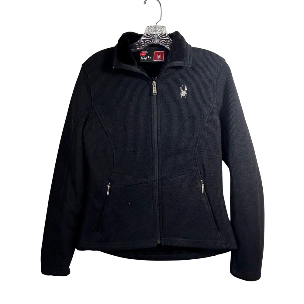 Spyder Womens Black Waffle Knit Full Zip Faux Fur Lined Sweater Jacket Small